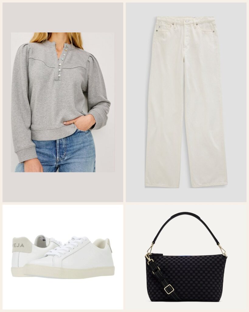 Saturday Errands: A Cozy Sweatshirt Look With a Bag That Holds the Whole To Do List outfit: Rails Erla Sweatshirt, AG Jeans Billie Jean, VEJA Women's VEJA Esplar, Rothy's The Daily Crossbody
