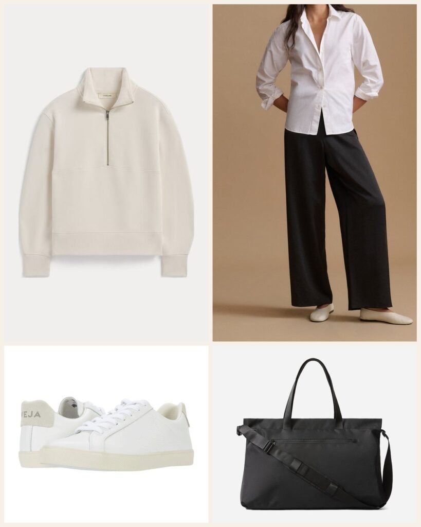 Travel Day: A Soft Fleece Half Zip Look Built for Long Lines and Longer Flights outfit: Everlane Luxe Fleece Half-Zip Sweatshirt, Jenni Kayne Demi Pant, VEJA Women's VEJA Esplar, Everlane The ReNew Transit Weekender