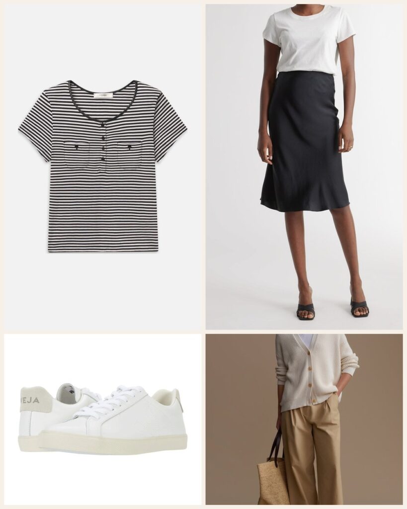 Brunch With Friends: A Striped Tee and Silk Skirt Look That Feels Relaxed and Polished outfit: FRAME The Trim Crew, Quince 100% Washable Silk Skirt, VEJA Women's VEJA Esplar, Jenni Kayne Cotton Cocoon Cardigan