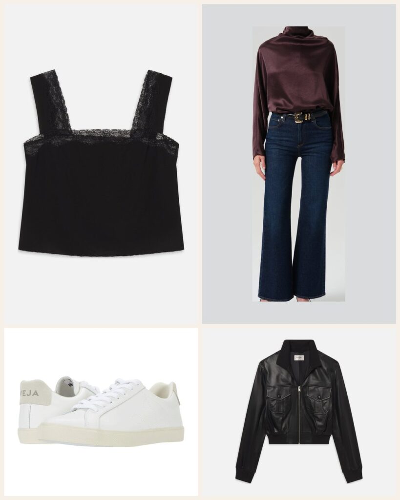 Casual Date Night: A Silk Cami and Leather Jacket Look With a Little Edge outfit: FRAME The Chandelier Cami, Citizens of Humanity Kimberly 70's Flare, VEJA Women's VEJA Esplar, FRAME The Leather Ace Jacket