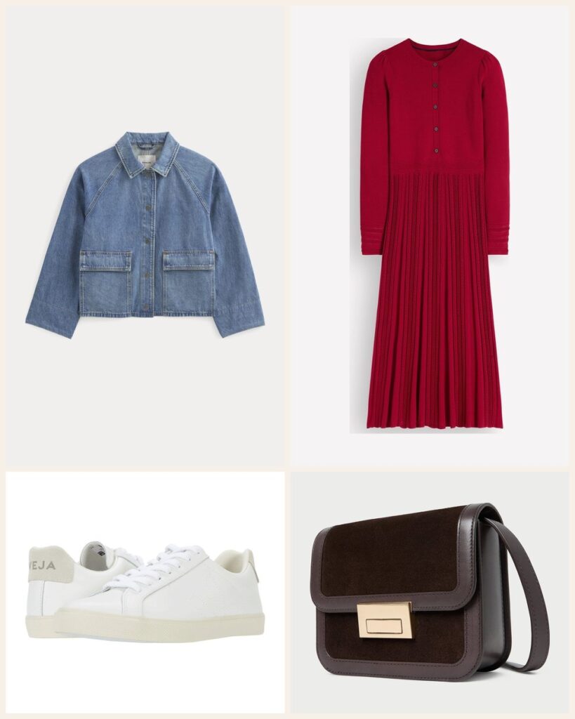 Dress and Sneakers: A Crimson Knit Dress and Denim Jacket Look for Easy Fall Weekends outfit: Everlane Cropped Denim Jacket, Boden Cable Stitch Knitted Dress, VEJA Women's VEJA Esplar, Loeffler Randall Desi Brown Suede Crossbody