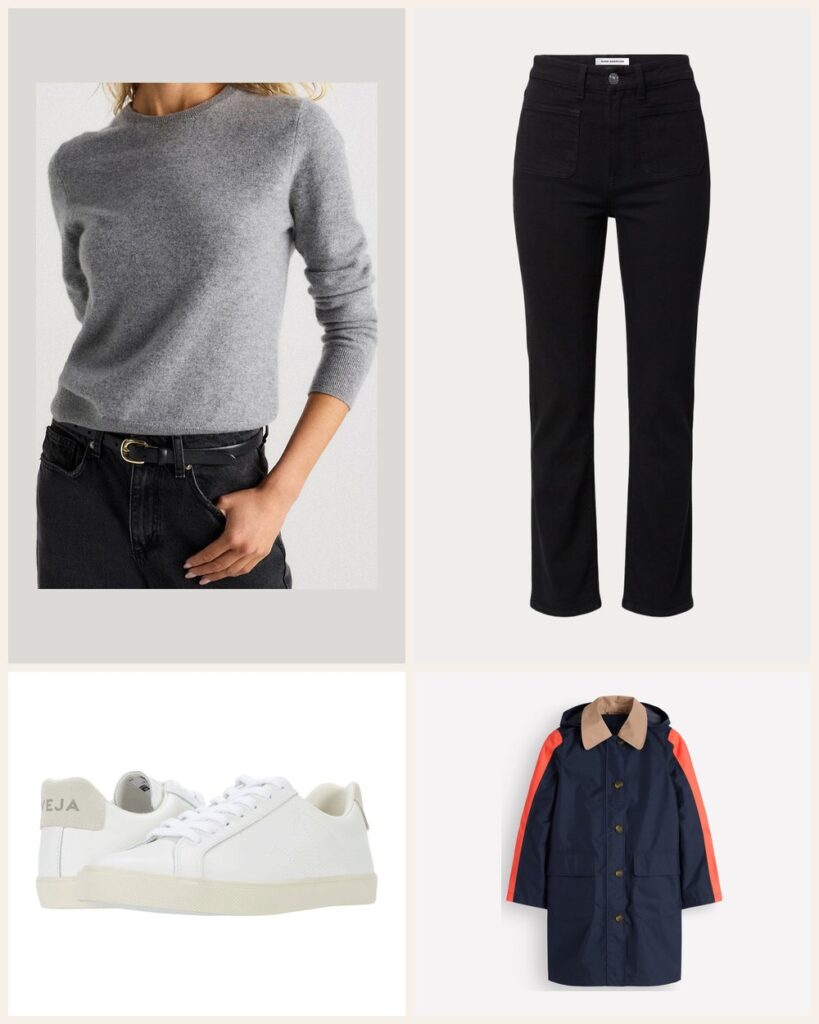Rainy Day Ready: A Cashmere Sweater and Waterproof Raincoat Look for Drizzly Errands outfit: Quince Mongolian Cashmere Crewneck Sweater, Good American Always Fits Good Legs Straight Jeans, VEJA Women's VEJA Esplar, Boden Colour block Raincoat