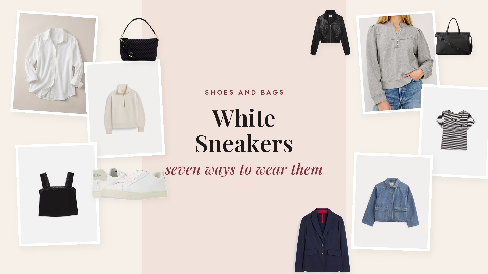 Collage of white VEJA Esplar leather sneakers with a white poplin shirt, navy blazer, oat pleated trousers, grey sweatshirt, pale jeans, a black crossbody, a bone half zip, black pull on pants, a black weekender, a striped tee, a black silk skirt, an ivory cardigan, a black lace cami, flare jeans, a black leather jacket, a cropped denim jacket, a red knit dress, a brown suede crossbody, a grey cashmere sweater, black jeans and a navy raincoat