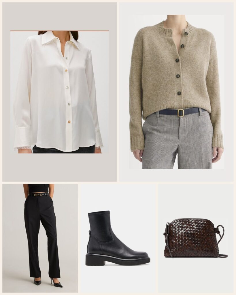 The Monday Meeting: A Silk Shirt and Soft Cardigan for a Polished Start: Rails Abbey Shirt in Ivory, Everlane The Crew Cardigan in Alpaca in Dark Heathered Camel, Quince Italian Wool Straight Leg Pants in Black, Dolce Vita Simaya H2O Boots in Black Leather, Loeffler Randall Mallory Chocolate Woven Leather Crossbody in Chocolate