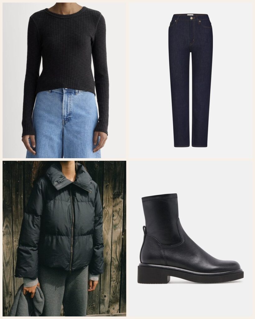 The Quick Errand Run: A Rib Tee, Dark Denim and a Puffer: Everlane The Cozy Rib Long-Sleeve Tee in Black, FRAME Le Sleek Straight in Rinse, Dolce Vita Simaya H2O Boots in Black Leather, Jenni Kayne Peak Puffer Jacket in Black
