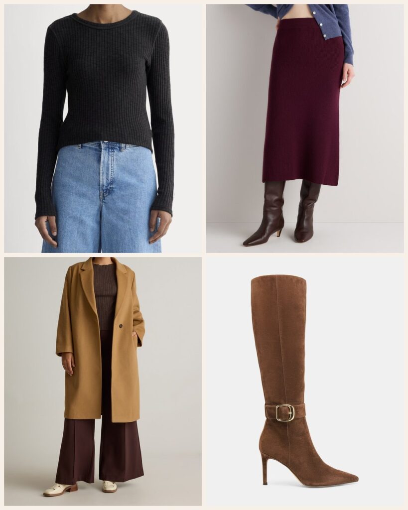 The Cocktail Hour: A Slim Black Knit and a Burgundy Skirt: Everlane The Cozy Rib Long-Sleeve Tee in Black, Quince Australian Merino Wool Midi Skirt in Barolo Burgundy, Dolce Vita Kinzy Narrow Calf Boots in Dk Brown Suede, Quince Italian Wool Classic Single-Breasted Coat in Caramel