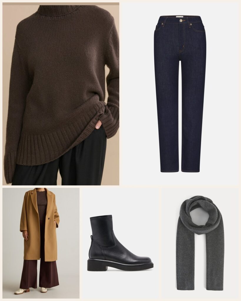 The Road Trip: A Turtleneck and Jeans Built for Long Drives: Jenni Kayne Cashmere Jet Turtleneck in Chocolate, FRAME Le Sleek Straight in Rinse, Dolce Vita Simaya H2O Boots in Black Leather, Quince Italian Wool Classic Single-Breasted Coat in Caramel, Everlane The Cabin Scarf in Heathered Soot