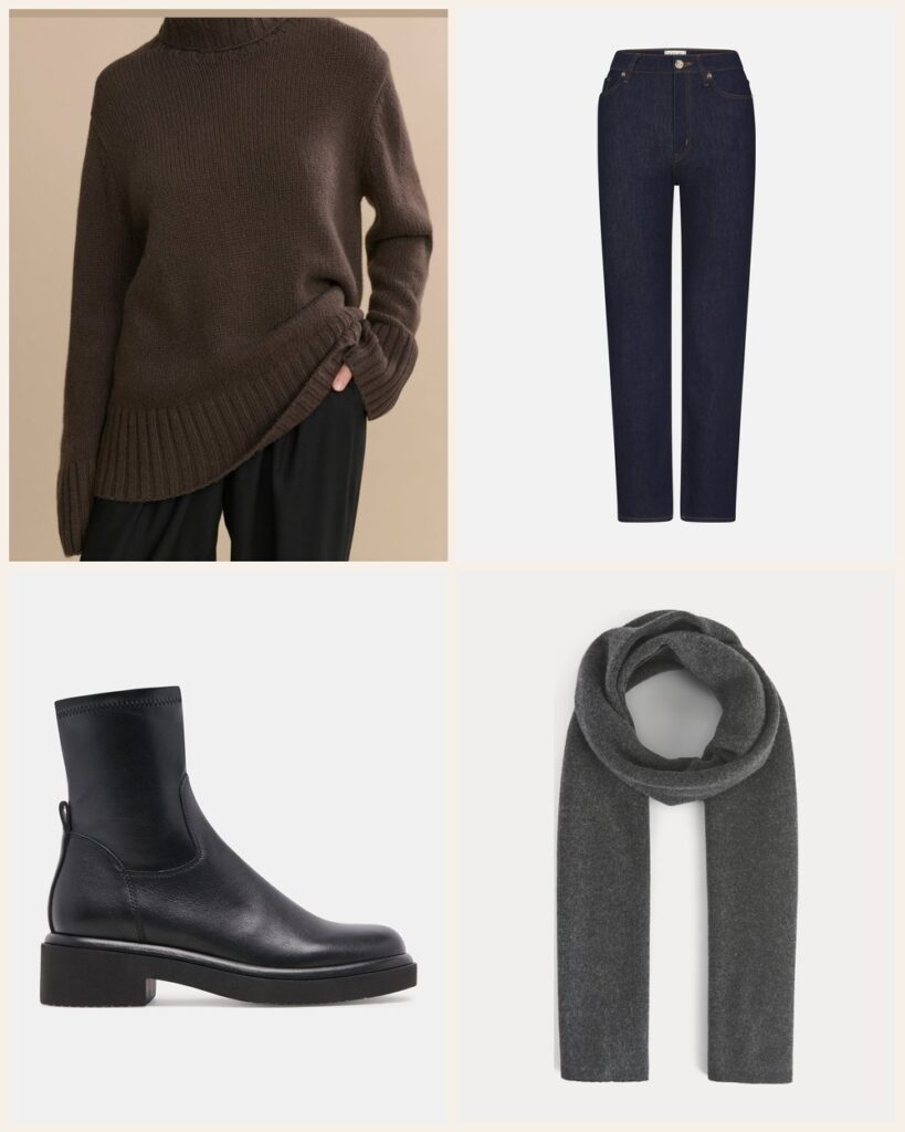 The Cozy Cabin Weekend: Chocolate Cashmere and Dark Denim: Jenni Kayne Cashmere Jet Turtleneck in Chocolate, FRAME Le Sleek Straight in Rinse, Dolce Vita Simaya H2O Boots in Black Leather, Everlane The Cabin Scarf in Heathered Soot