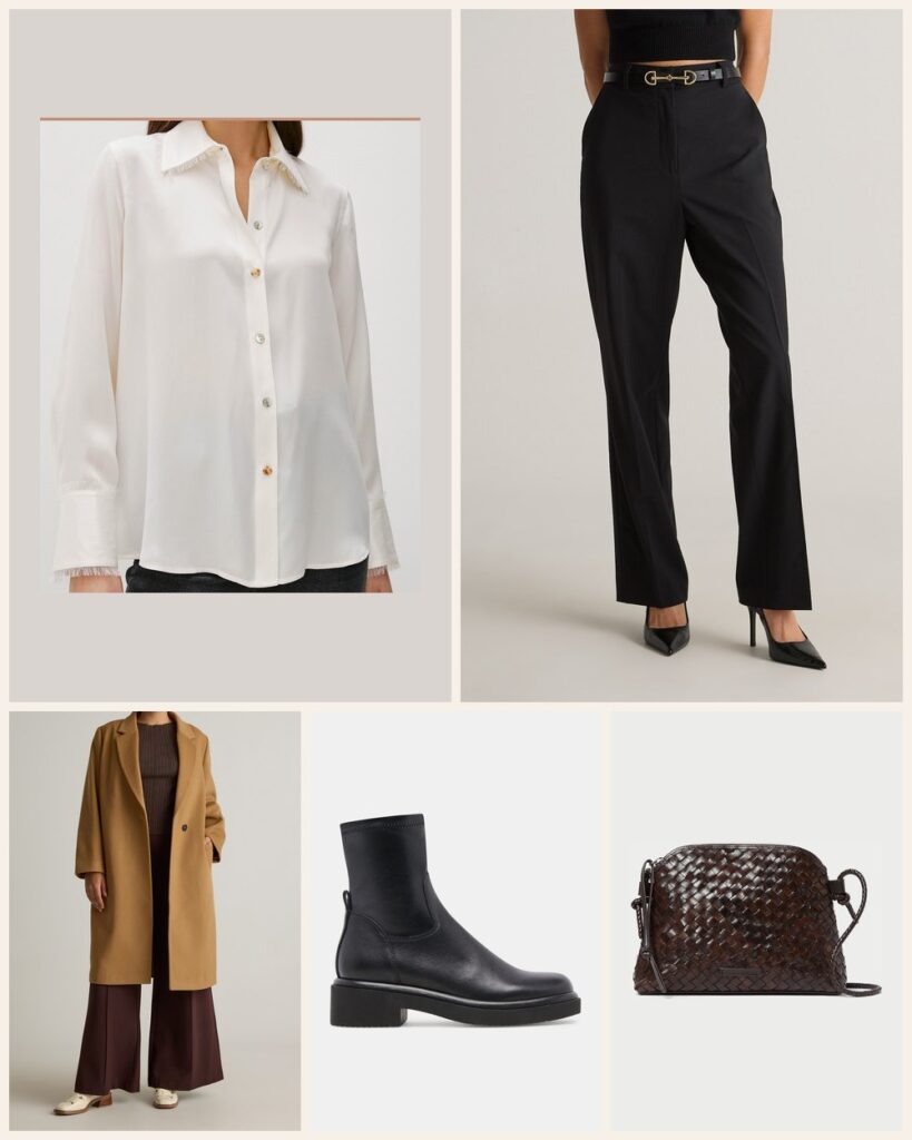 The Steakhouse Dinner: Silk and Wool Under a Caramel Coat: Rails Abbey Shirt in Ivory, Quince Italian Wool Straight Leg Pants in Black, Quince Italian Wool Classic Single-Breasted Coat in Caramel, Dolce Vita Simaya H2O Boots in Black Leather, Loeffler Randall Mallory Chocolate Woven Leather Crossbody in Chocolate