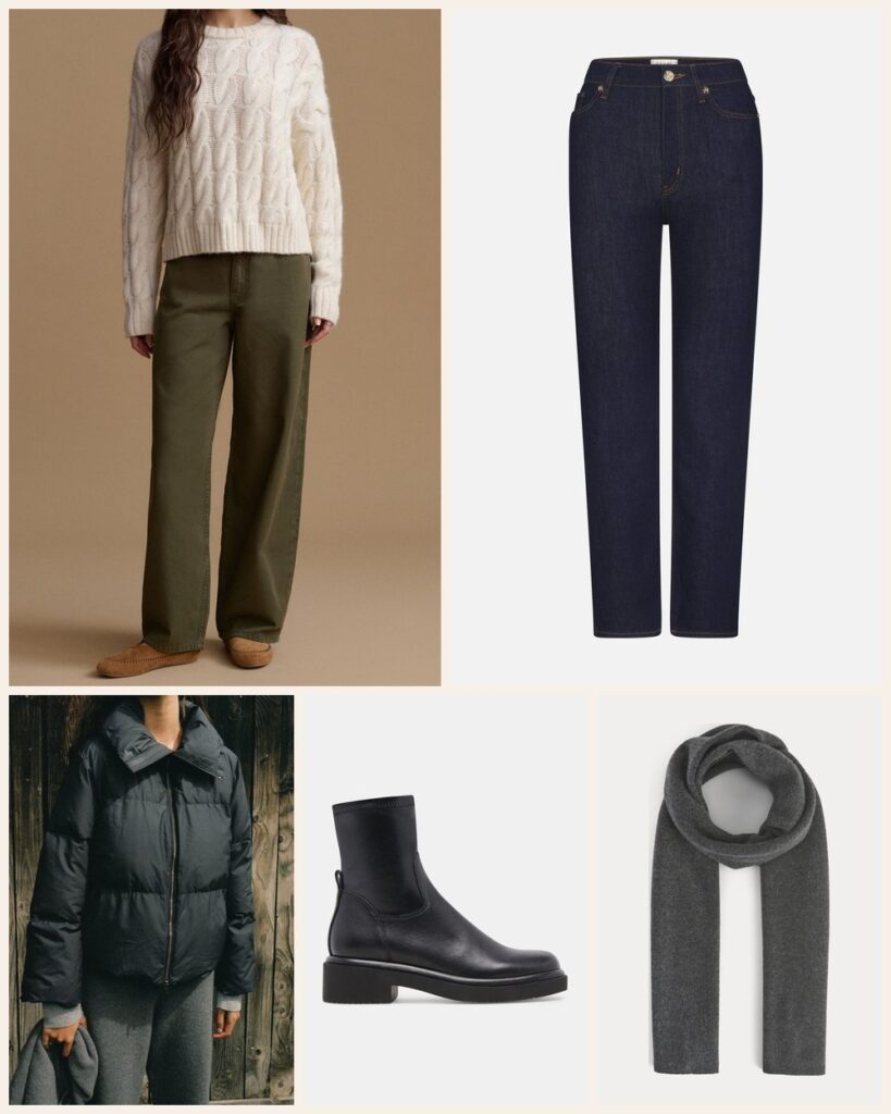 The Snowball Fight: A Cable Knit, a Puffer and a Wool Scarf: Jenni Kayne Cable Serena Crewneck in Ivory, FRAME Le Sleek Straight in Rinse, Dolce Vita Simaya H2O Boots in Black Leather, Jenni Kayne Peak Puffer Jacket in Black, Everlane The Cabin Scarf in Heathered Soot