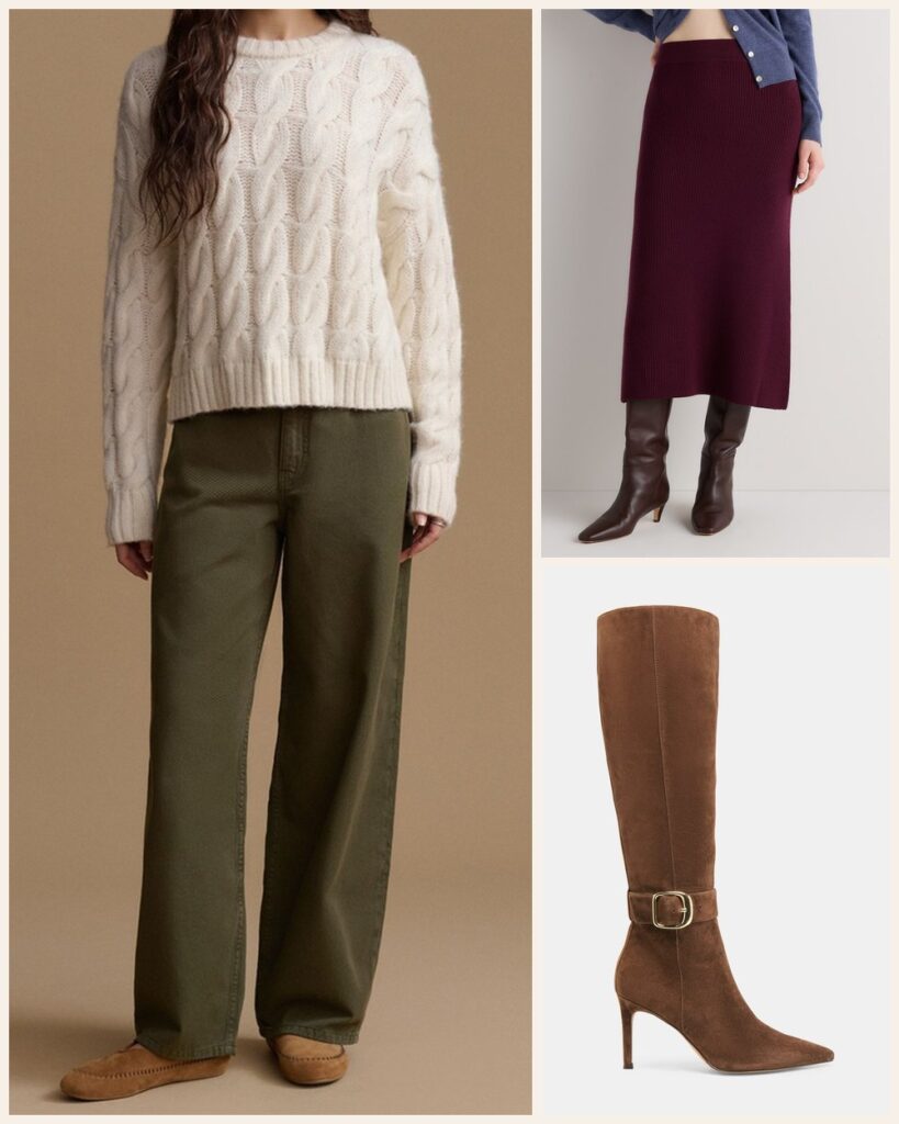 The Family Gathering: Cream Cables and Burgundy for the Holiday Photo: Jenni Kayne Cable Serena Crewneck in Ivory, Quince Australian Merino Wool Midi Skirt in Barolo Burgundy, Dolce Vita Kinzy Narrow Calf Boots in Dk Brown Suede
