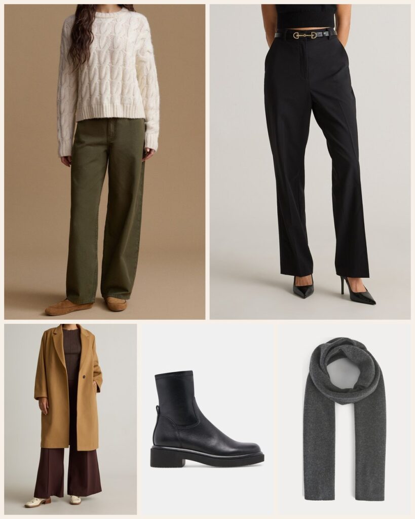 The Downtown Commute: A Camel Coat and Wool Scarf Over Black and Cream: Jenni Kayne Cable Serena Crewneck in Ivory, Quince Italian Wool Straight Leg Pants in Black, Quince Italian Wool Classic Single-Breasted Coat in Caramel, Dolce Vita Simaya H2O Boots in Black Leather, Everlane The Cabin Scarf in Heathered Soot