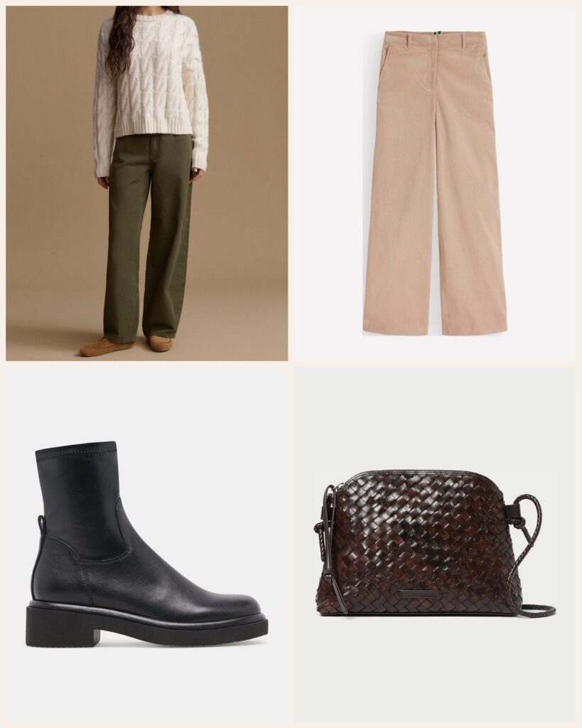 The Library and Post Office Loop: Cream Knit, Cords and a Crossbody: Jenni Kayne Cable Serena Crewneck in Ivory, Boden Belgravia Cord Pants in Latte, Dolce Vita Simaya H2O Boots in Black Leather, Loeffler Randall Mallory Chocolate Woven Leather Crossbody in Chocolate
