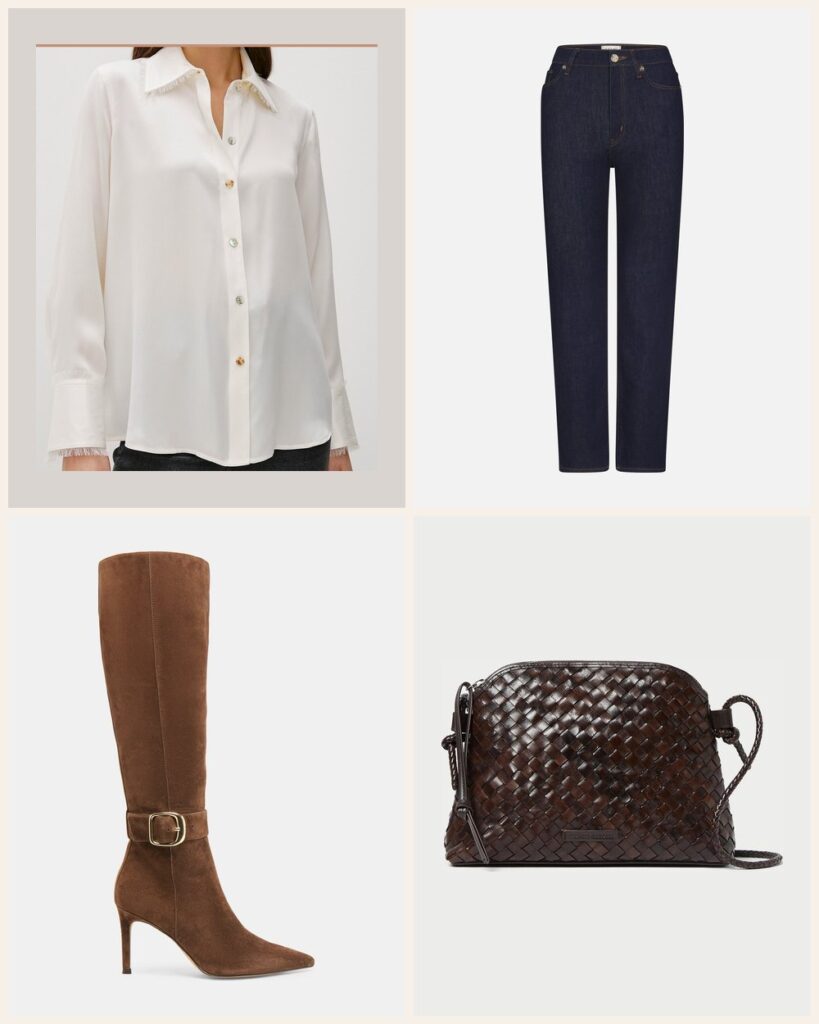 The Denim and Silk Party: Dark Jeans Dressed Up With Knee Boots: Rails Abbey Shirt in Ivory, FRAME Le Sleek Straight in Rinse, Dolce Vita Kinzy Narrow Calf Boots in Dk Brown Suede, Loeffler Randall Mallory Chocolate Woven Leather Crossbody in Chocolate