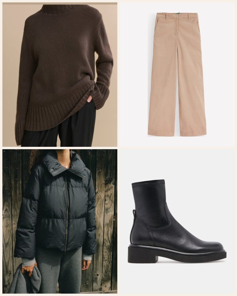 The Snow Day Snuggle: A Chunky Turtleneck With Lug Boots: Jenni Kayne Cashmere Jet Turtleneck in Chocolate, Boden Belgravia Cord Pants in Latte, Dolce Vita Simaya H2O Boots in Black Leather, Jenni Kayne Peak Puffer Jacket in Black