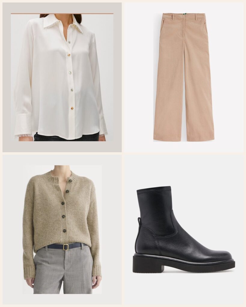 The Train to the City: Silk, Cords and a Cardigan for the Ride: Rails Abbey Shirt in Ivory, Boden Belgravia Cord Pants in Latte, Everlane The Crew Cardigan in Alpaca in Dark Heathered Camel, Dolce Vita Simaya H2O Boots in Black Leather