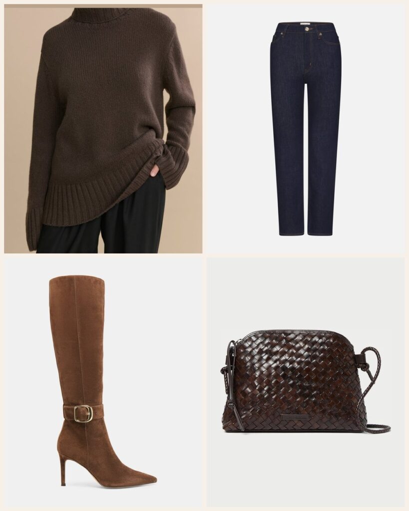 The Neighborhood Bistro: A Chocolate Turtleneck With Tall Suede Boots: Jenni Kayne Cashmere Jet Turtleneck in Chocolate, FRAME Le Sleek Straight in Rinse, Dolce Vita Kinzy Narrow Calf Boots in Dk Brown Suede, Loeffler Randall Mallory Chocolate Woven Leather Crossbody in Chocolate