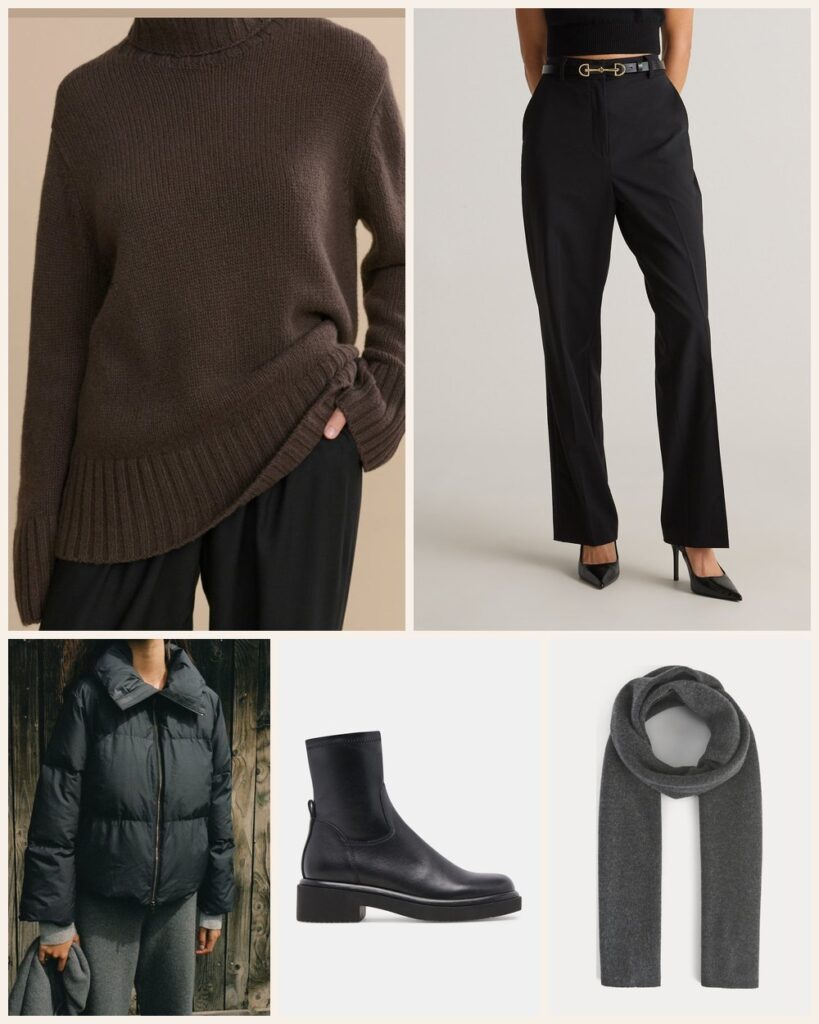 The Sleet and Groceries Run: A Puffer and Scarf Over Warm Wool: Jenni Kayne Cashmere Jet Turtleneck in Chocolate, Quince Italian Wool Straight Leg Pants in Black, Dolce Vita Simaya H2O Boots in Black Leather, Jenni Kayne Peak Puffer Jacket in Black, Everlane The Cabin Scarf in Heathered Soot