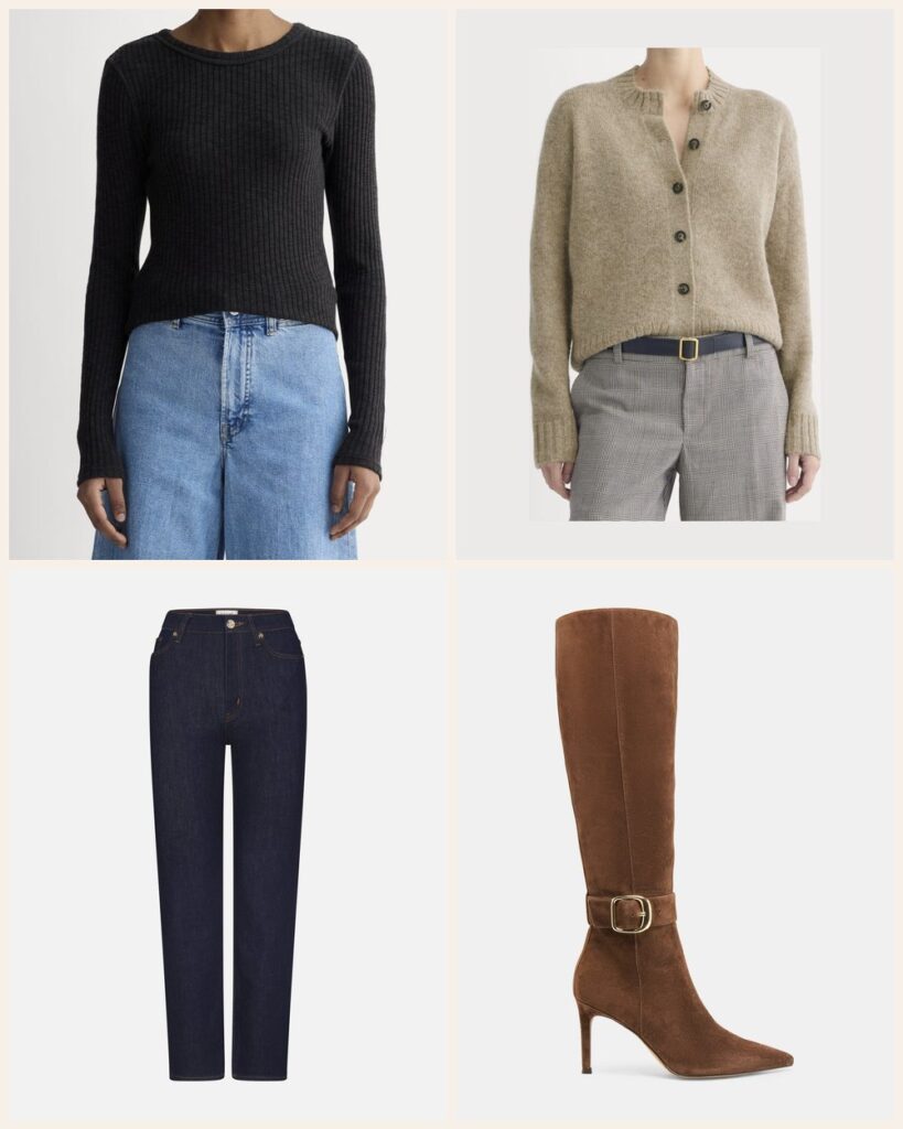 The Weekend Stroll: A Cardigan and Jeans Tucked Into Suede Boots: Everlane The Cozy Rib Long-Sleeve Tee in Black, Everlane The Crew Cardigan in Alpaca in Dark Heathered Camel, FRAME Le Sleek Straight in Rinse, Dolce Vita Kinzy Narrow Calf Boots in Dk Brown Suede