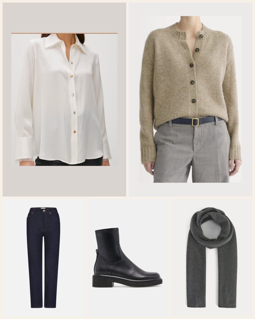 The Gift Shopping Trip: A Silk Shirt and Cardigan That Work Indoors and Out: Rails Abbey Shirt in Ivory, Everlane The Crew Cardigan in Alpaca in Dark Heathered Camel, FRAME Le Sleek Straight in Rinse, Dolce Vita Simaya H2O Boots in Black Leather, Everlane The Cabin Scarf in Heathered Soot
