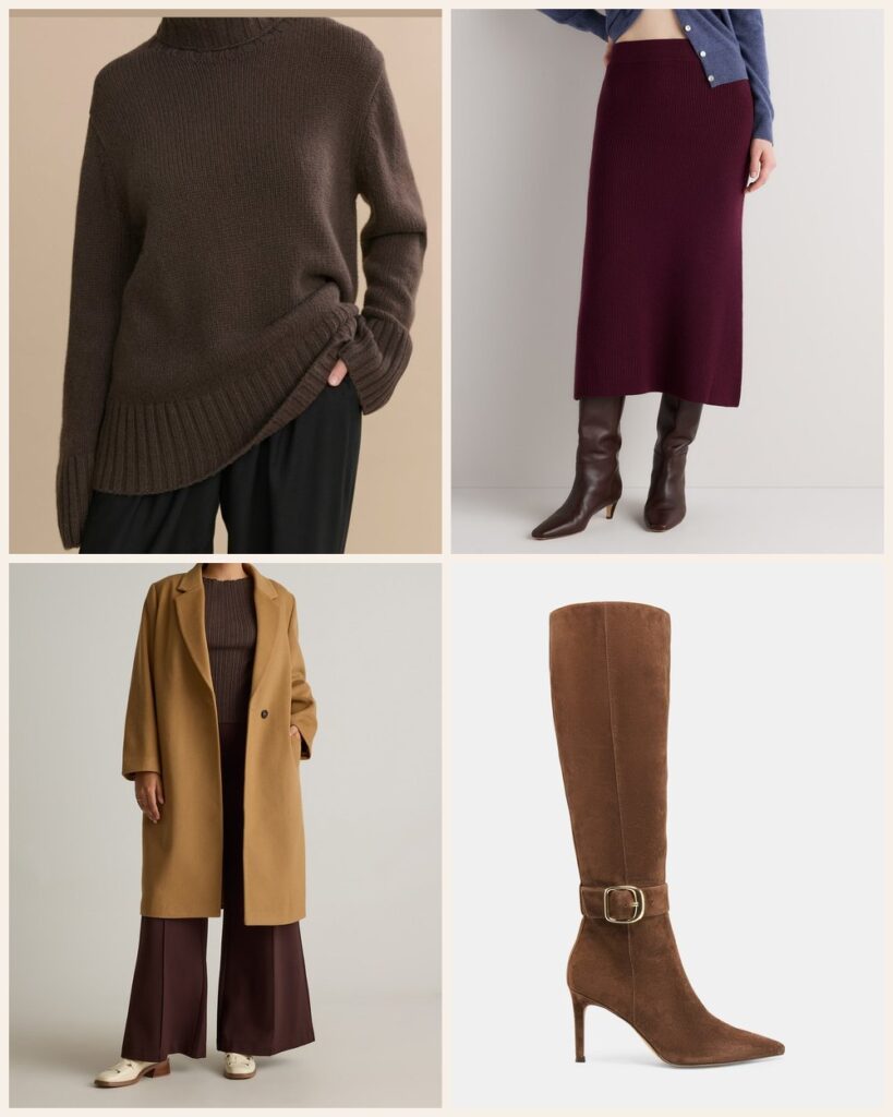 The Burgundy Boardroom: A Knit Skirt and Knee Boots That Mean Business: Jenni Kayne Cashmere Jet Turtleneck in Chocolate, Quince Australian Merino Wool Midi Skirt in Barolo Burgundy, Dolce Vita Kinzy Narrow Calf Boots in Dk Brown Suede, Quince Italian Wool Classic Single-Breasted Coat in Caramel