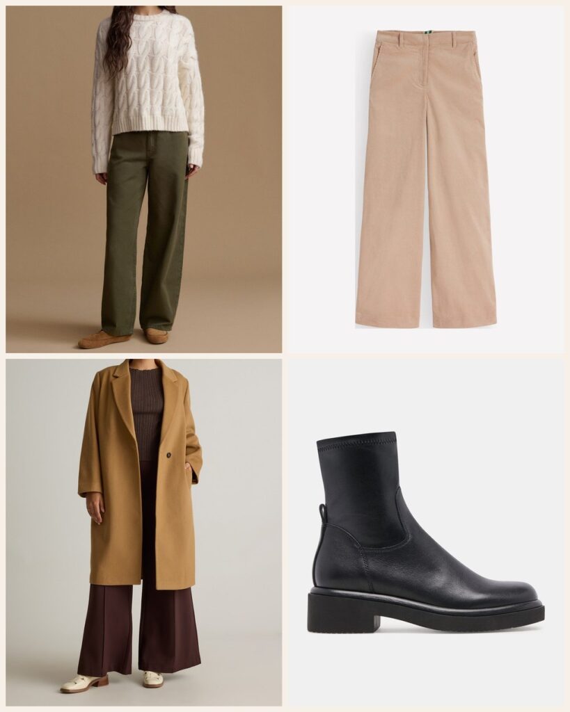 The Saturday Brunch: Cream Cables and Cords Under a Camel Coat: Jenni Kayne Cable Serena Crewneck in Ivory, Boden Belgravia Cord Pants in Latte, Dolce Vita Simaya H2O Boots in Black Leather, Quince Italian Wool Classic Single-Breasted Coat in Caramel