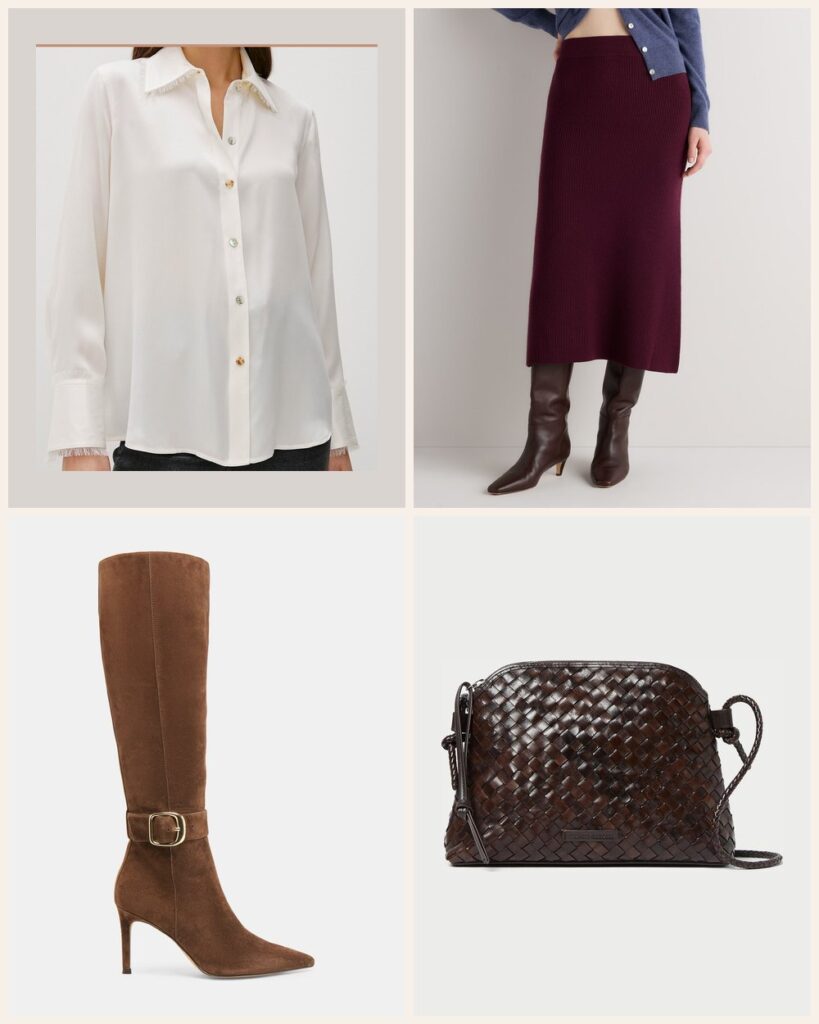 The Office Holiday Party: Silk, Burgundy and a Sleek Knee Boot: Rails Abbey Shirt in Ivory, Quince Australian Merino Wool Midi Skirt in Barolo Burgundy, Dolce Vita Kinzy Narrow Calf Boots in Dk Brown Suede, Loeffler Randall Mallory Chocolate Woven Leather Crossbody in Chocolate