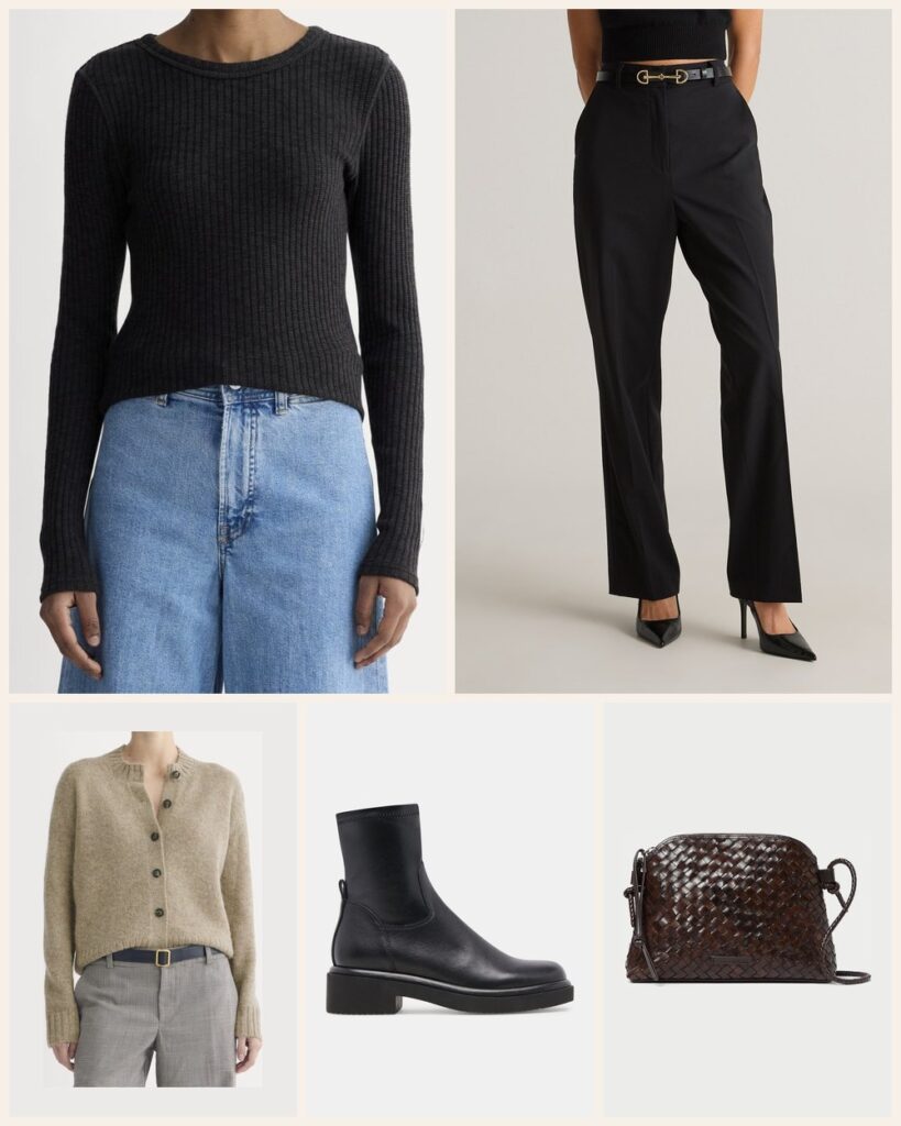 The Airport Layers: A Comfortable Black Base With a Cardigan for the Cold Cabin: Everlane The Cozy Rib Long-Sleeve Tee in Black, Quince Italian Wool Straight Leg Pants in Black, Everlane The Crew Cardigan in Alpaca in Dark Heathered Camel, Dolce Vita Simaya H2O Boots in Black Leather, Loeffler Randall Mallory Chocolate Woven Leather Crossbody in Chocolate