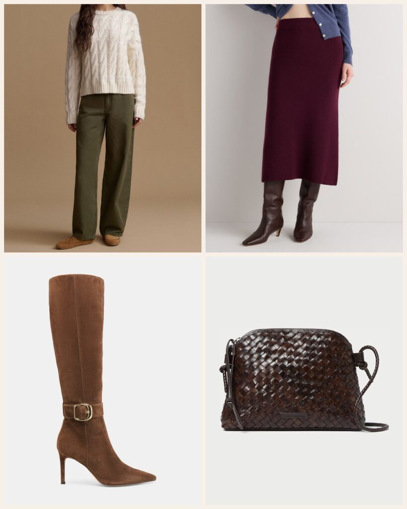 The Fireside Date: A Cable Knit Over a Burgundy Midi: Jenni Kayne Cable Serena Crewneck in Ivory, Quince Australian Merino Wool Midi Skirt in Barolo Burgundy, Dolce Vita Kinzy Narrow Calf Boots in Dk Brown Suede, Loeffler Randall Mallory Chocolate Woven Leather Crossbody in Chocolate