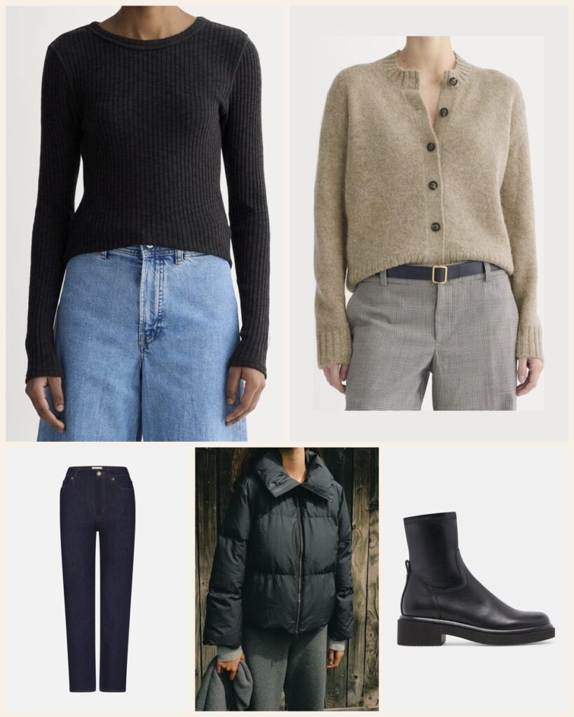 The Sledding Day: Smart Layers Under a Black Puffer: Everlane The Cozy Rib Long-Sleeve Tee in Black, Everlane The Crew Cardigan in Alpaca in Dark Heathered Camel, FRAME Le Sleek Straight in Rinse, Dolce Vita Simaya H2O Boots in Black Leather, Jenni Kayne Peak Puffer Jacket in Black
