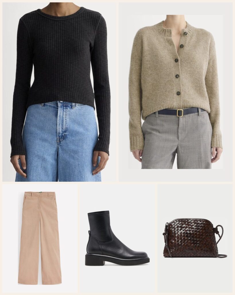 The Casual Friday: Cords and a Cardigan That Still Look Sharp: Everlane The Cozy Rib Long-Sleeve Tee in Black, Everlane The Crew Cardigan in Alpaca in Dark Heathered Camel, Boden Belgravia Cord Pants in Latte, Dolce Vita Simaya H2O Boots in Black Leather, Loeffler Randall Mallory Chocolate Woven Leather Crossbody in Chocolate