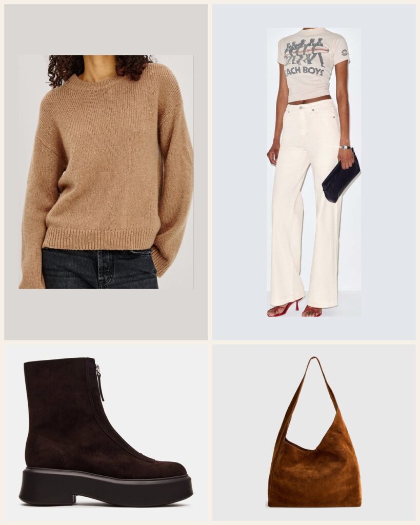 The Pumpkin Patch Weekend: A Camel Sweater With Cream Wide Leg Jeans outfit: Rails Helly Sweater, Reformation Bex Super Stretch High Rise Wide Leg Jeans, Steve Madden Jones Ankle Boot, Quince Esme Suede Shoulder Bag