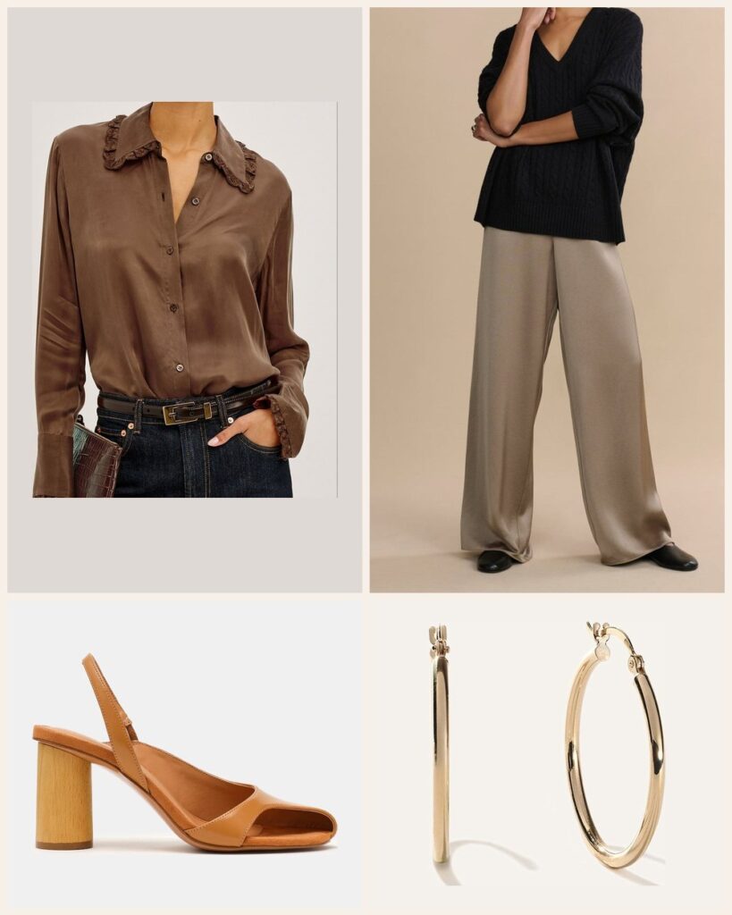 The Polished Office Day: A Cinnamon Satin Blouse With Olive Trousers outfit: Rails Beatrix Shirt, Jenni Kayne Demi Pant, Steve Madden Janine, Quince 14K Gold 2mm Tube Hoops