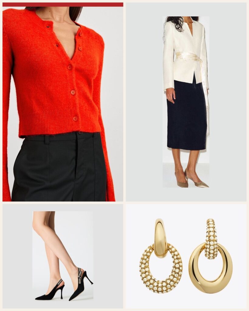 The Holiday Party Pop: A Cherry Red Cardigan With a Black Velvet Skirt outfit: Rails Matilda Cardigan, Reformation Helen Velvet Skirt, Steve Madden Bri Slingback Pump, Tory Burch Pierced Pave Doorknocker Earrings