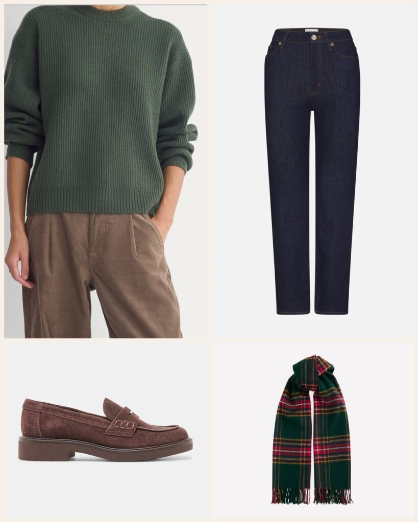 The Long Country Walk: A Forest Green Fisherman Sweater With Suede Loafers outfit: Everlane Cashmere Fisherman Crew, FRAME Le Sleek Straight, Dolce Vita Tiggy Loafers, Boden Wool Blanket Scarf
