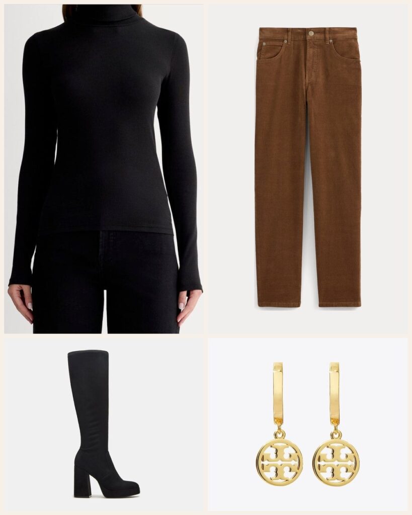 The Downtown Gallery Day: A Black Turtleneck With Toffee Corduroys outfit: Everlane The Luxe Rib Turtleneck, Everlane Stretch Corduroy Cigarette Pant, Steve Madden Twain Boot, Tory Burch Icon Huggie Hoop Earrings