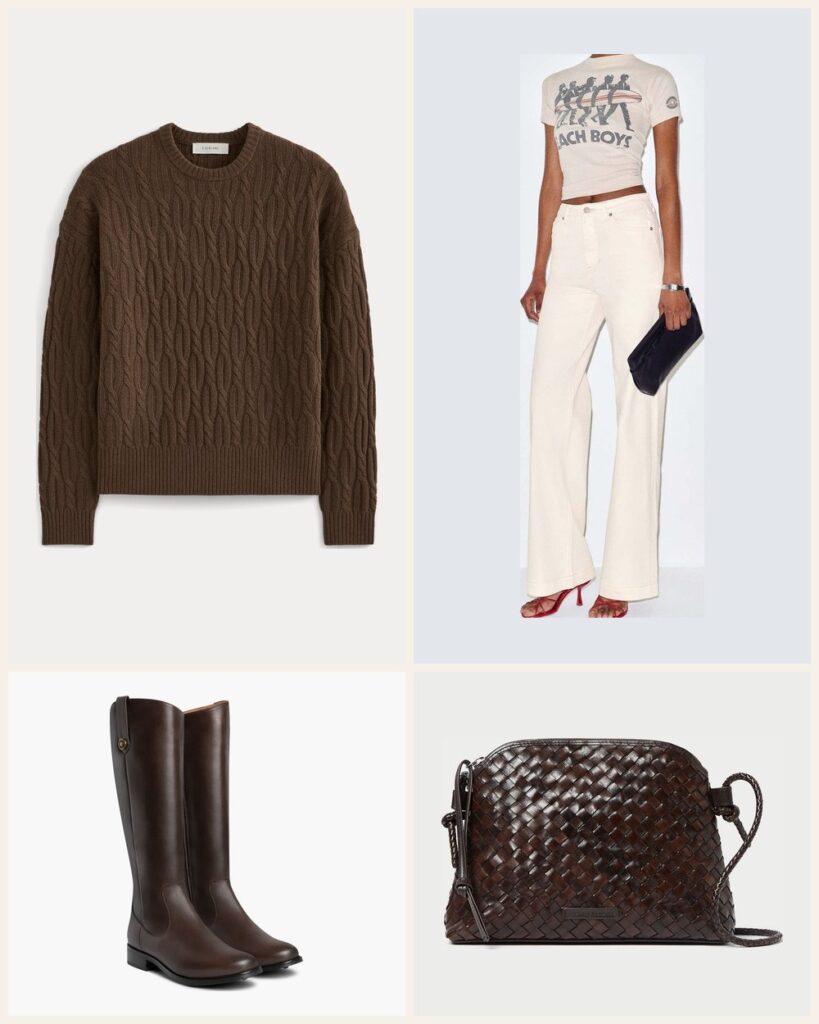 The Cabin Weekend: A Brown Cable Knit With Cream Jeans and Riding Boots outfit: Everlane Relaxed Cable-Knit Crew in Luxe Merino, Reformation Bex Super Stretch High Rise Wide Leg Jeans, Thursday Boots Crown Riding Boot, Loeffler Randall Mallory Woven Leather Crossbody