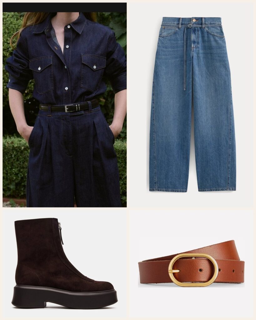 The Denim on Denim Win: A Dark Denim Shirt With Wide Leg Jeans outfit: Jenni Kayne Colt Shirt, Everlane Lightweight Loose Wide-Leg Jean, Steve Madden Jones Ankle Boot, Boden Classic Leather Belt