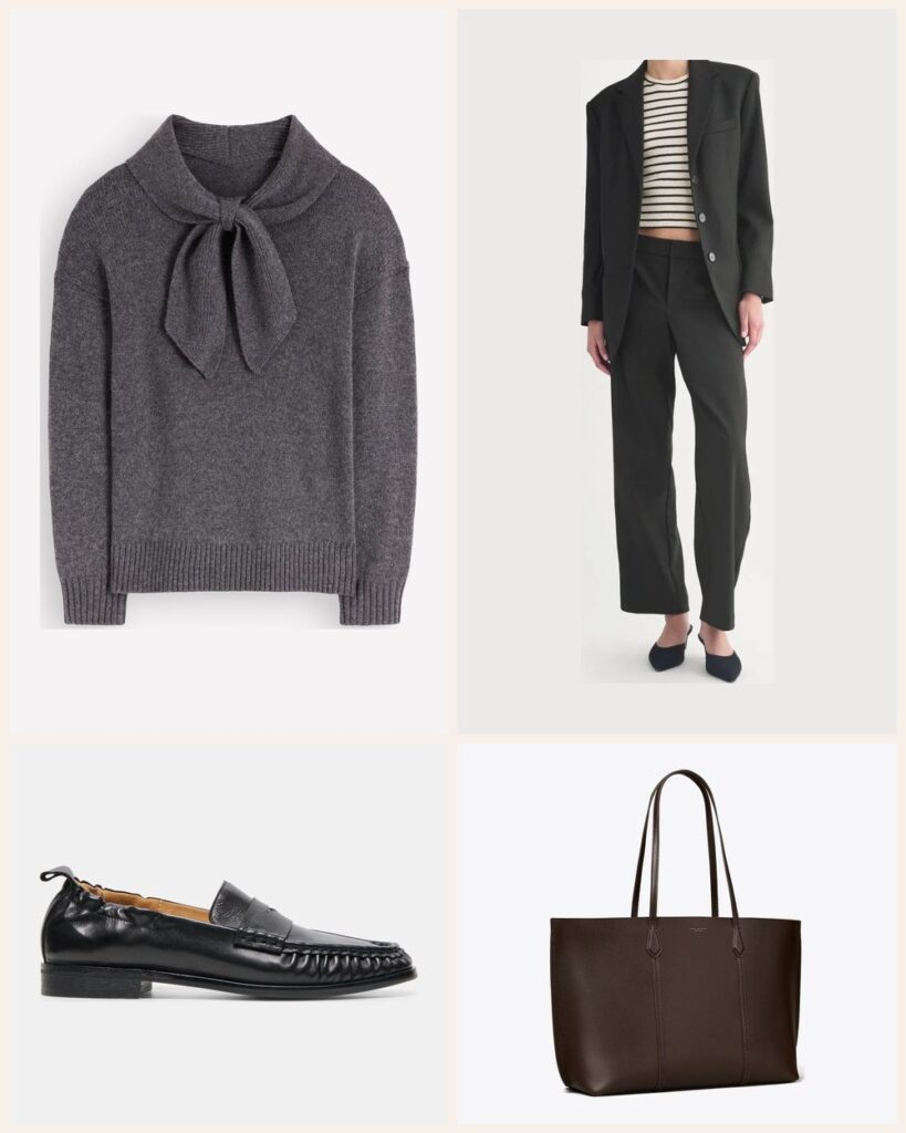 The Big Meeting Outfit: A Charcoal Tie Neck Sweater With Black Trousers outfit: Boden Lydia Tie Neck Knitted Sweater, Everlane Straight-Leg Trouser in Tailor Twill, Dolce Vita Ramzie Loafers, Tory Burch Perry Tote