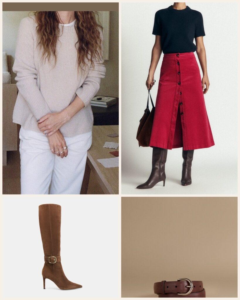 The Cider Mill Afternoon: An Oatmeal Fisherman Sweater With a Red Cord Skirt outfit: Jenni Kayne Cashmere Fisherman Sweater, Boden Val Button Cord Midi Skirt, Dolce Vita Kinzy Narrow Calf Boots, Jenni Kayne Classic Belt