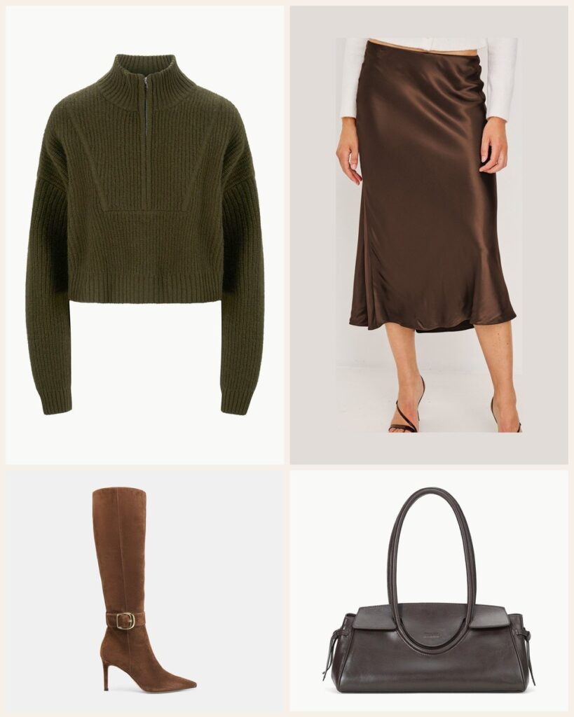 The Date Night Midi: An Olive Cashmere Crop With a Satin Skirt and Knee Boots outfit: STAUD Cashmere Cropped Hampton Sweater, Rails Anya Skirt, Dolce Vita Kinzy Narrow Calf Boots, STAUD Maude Shoulder Bag