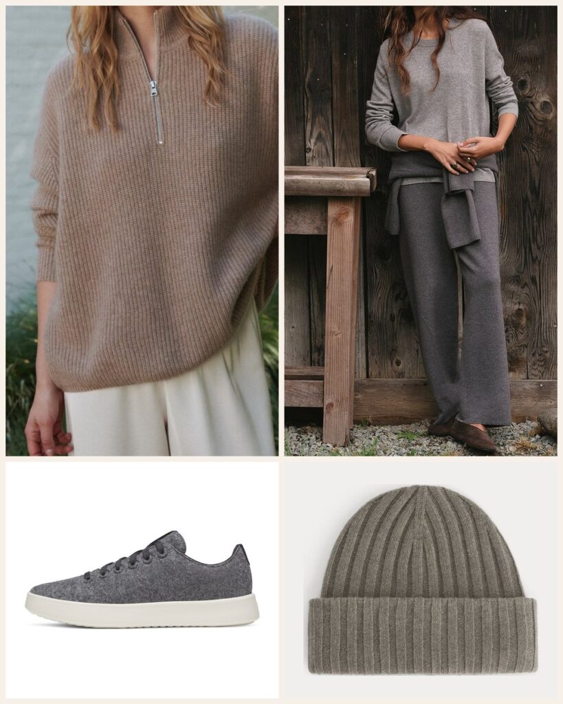 The Cozy Commute: A Stone Cashmere Half Zip With Charcoal Wool Pants outfit: Jenni Kayne Cashmere Half Zip, Jenni Kayne Chalet Pant, Allbirds Women's Wool Cruiser, Everlane Chunky Ribbed Beanie