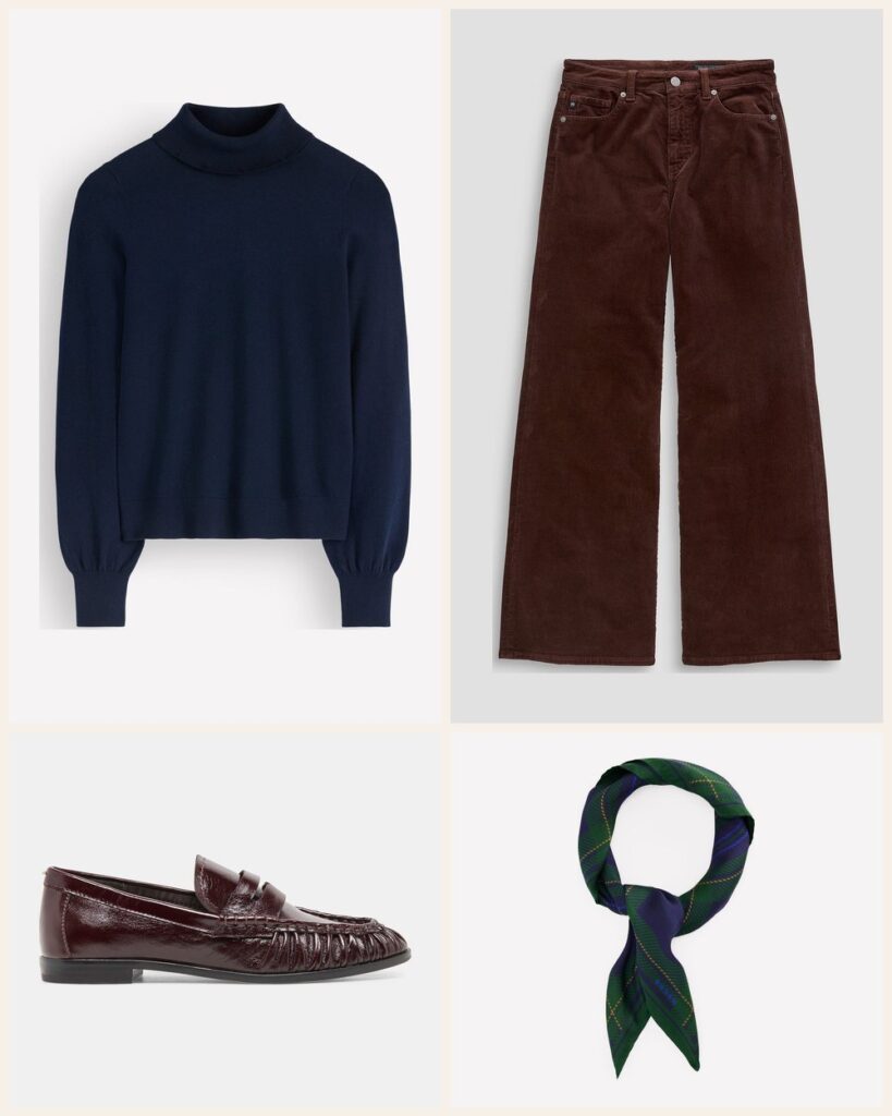 The Cozy Library Date: A Navy Roll Neck With Brown Cords and Oxblood Loafers outfit: Boden Camilla Roll Neck Sweater, AG Jeans Saige Wide Leg Corduroy Pant, Dolce Vita Baxen Loafers, Boden Elisabeth Silk Square Scarf