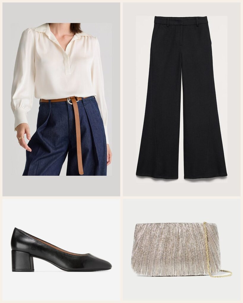 The Evening Event: An Ivory Silk Blouse With Black Flare Pants outfit: Quince Washable Stretch Silk Split Neck Blouse, Banana Republic High-Rise Flare Italian Flannel Pant, Cole Haan Go-To Shayla Block Heel Pumps, Loeffler Randall Brit Flat Pleated Clutch