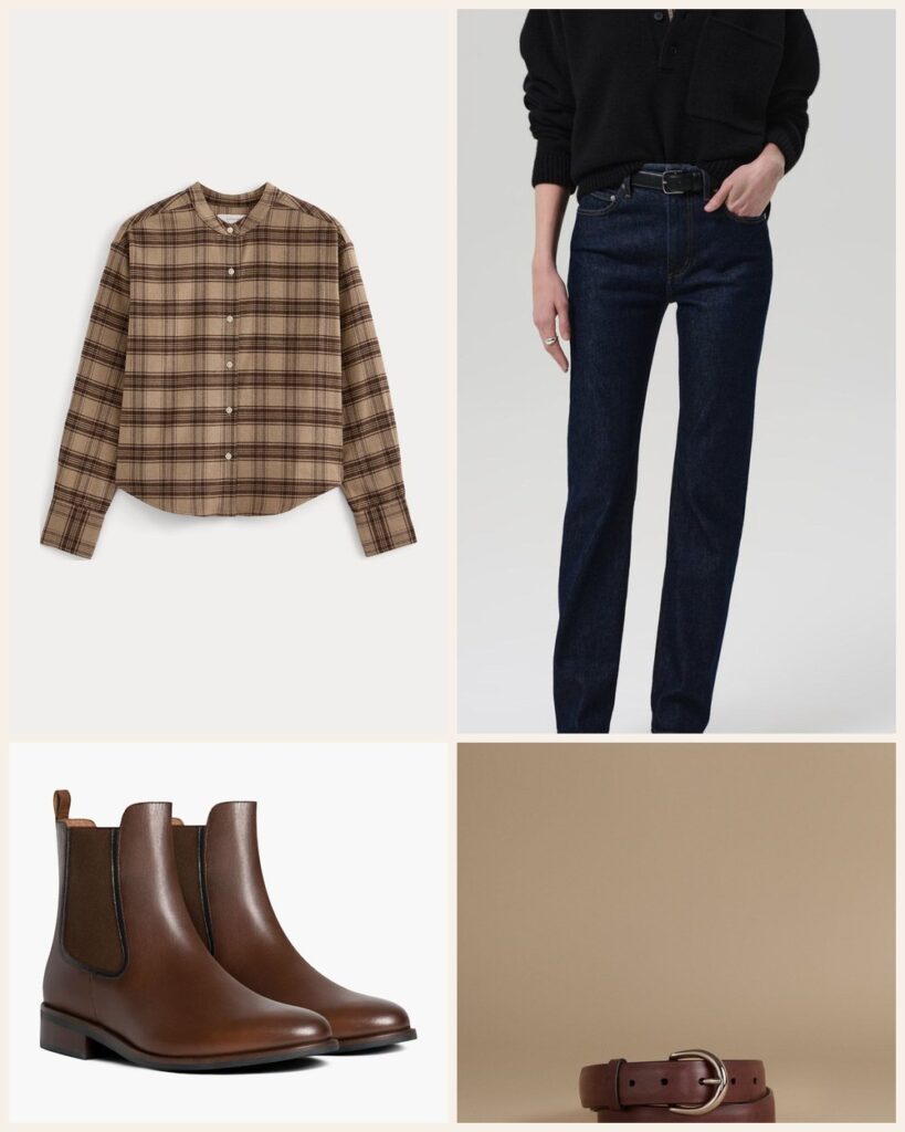 The Weekend Plaid: A Camel Flannel Shirt With Dark Jeans and Chelsea Boots outfit: Everlane Flannel Shirt, Citizens of Humanity Zurie Straight, Thursday Boots Duchess Chelsea Boot, Jenni Kayne Classic Belt