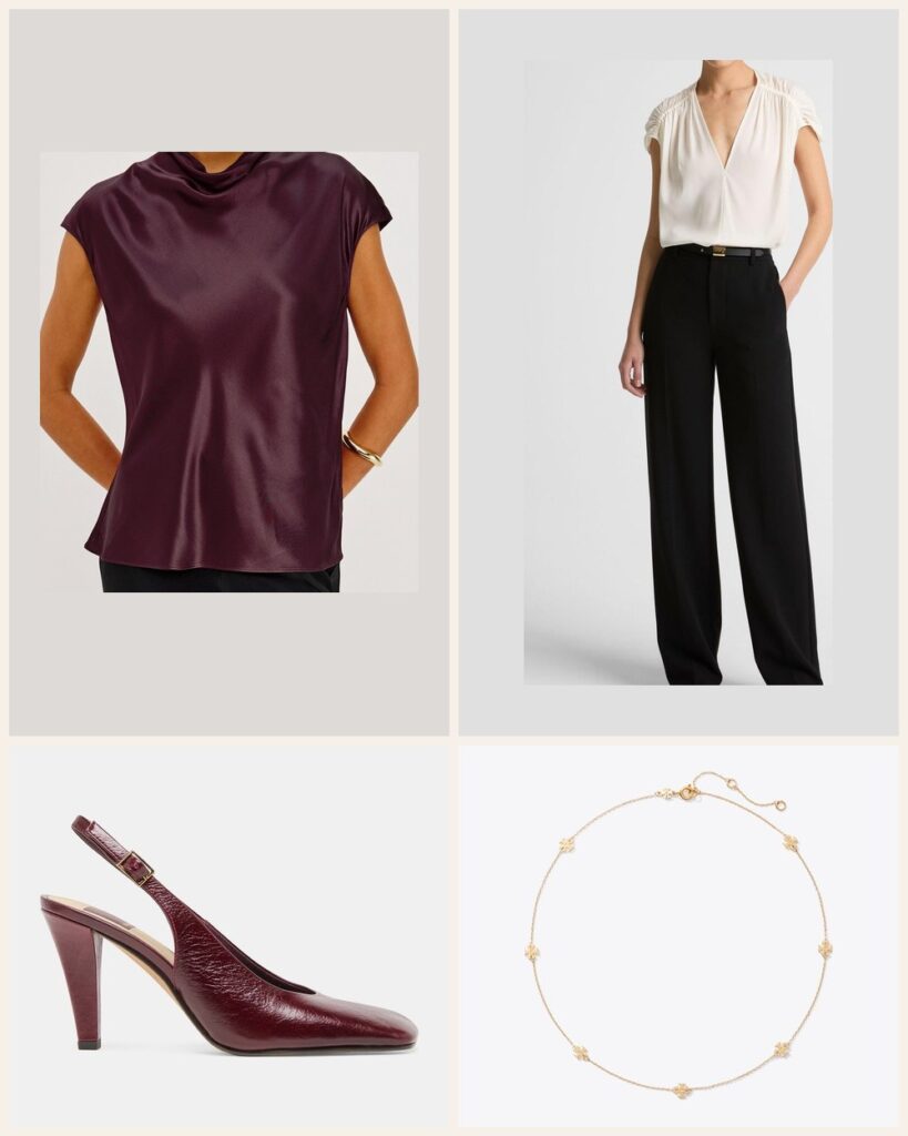 The Holiday Cocktail Hour: A Wine Satin Cowl Top With Slingback Heels outfit: Rails Loretta Top, Vince Elsa High-Rise Crepe Straight-Leg Trouser, Dolce Vita Gessia Heels, Tory Burch Delicate Icon Necklace