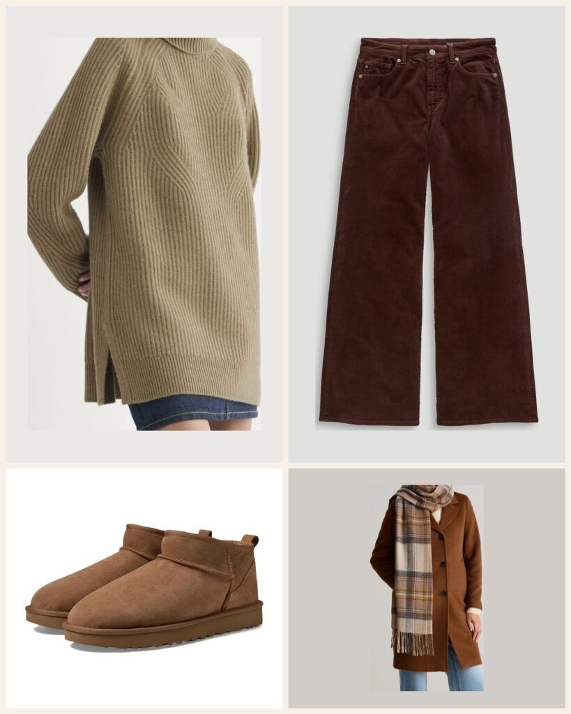 The Snow Day Snuggle: A Toast Turtleneck With Brown Cords and Sheepskin Boots outfit: Everlane Cocoon Turtleneck in Wool Cashmere, AG Jeans Saige Wide Leg Corduroy Pant, UGG Classic Ultra Mini Boot, Quince Mongolian Cashmere Tartan Scarf