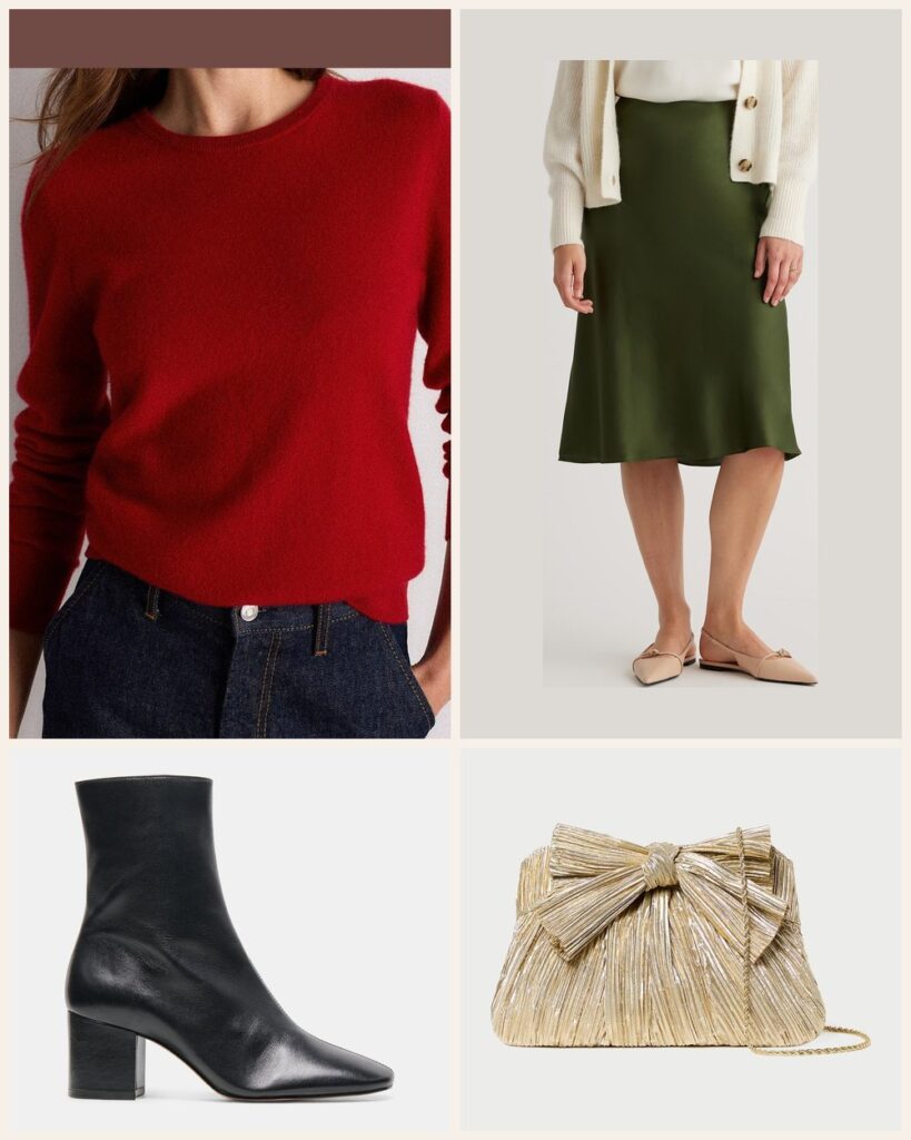 The Christmas Brunch: A Red Cashmere Sweater With a Green Silk Skirt outfit: Quince Mongolian Cashmere Crewneck Sweater, Quince 100% Washable Silk Skirt, Dolce Vita Feya Booties, Loeffler Randall Rayne Bow Clutch