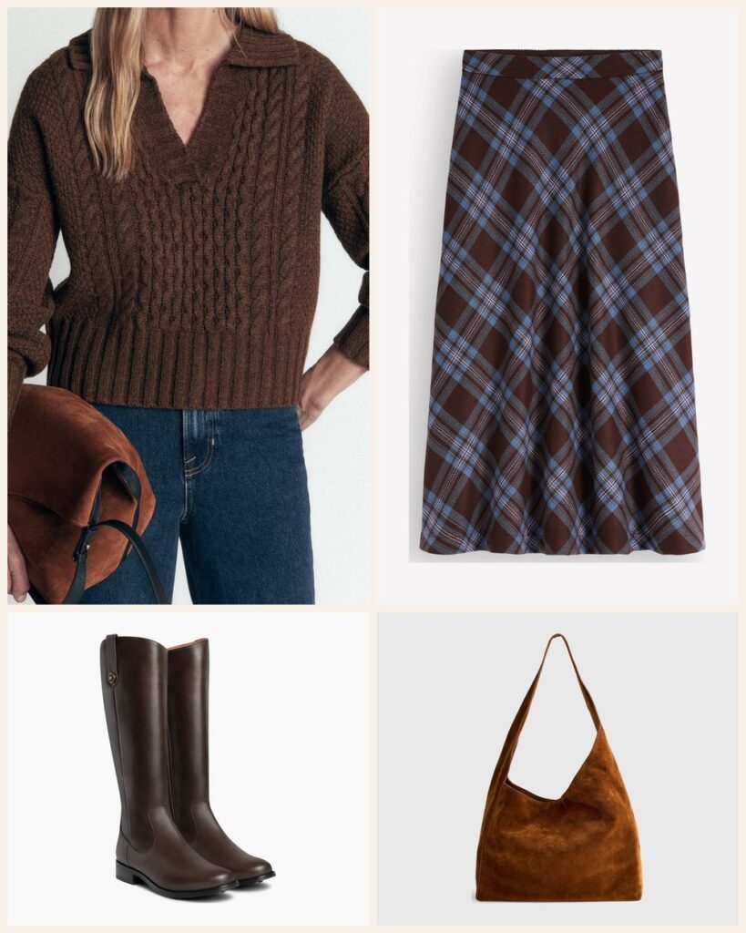 The English Countryside: A Brown Cable Sweater With a Check Midi Skirt outfit: Boden Collared Cable Knit Sweater, Boden Wool Blend Slip Skirt, Thursday Boots Crown Riding Boot, Quince Esme Suede Shoulder Bag