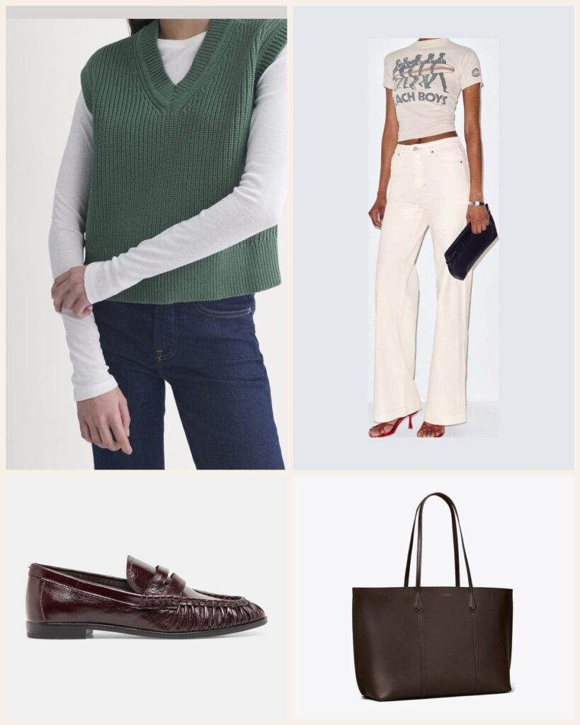 The Preppy Layer: A Green Sweater Vest With Cream Jeans and Loafers outfit: Everlane Ribbed V-Neck Vest in Everyday Cotton, Reformation Bex Super Stretch High Rise Wide Leg Jeans, Dolce Vita Baxen Loafers, Tory Burch Perry Tote